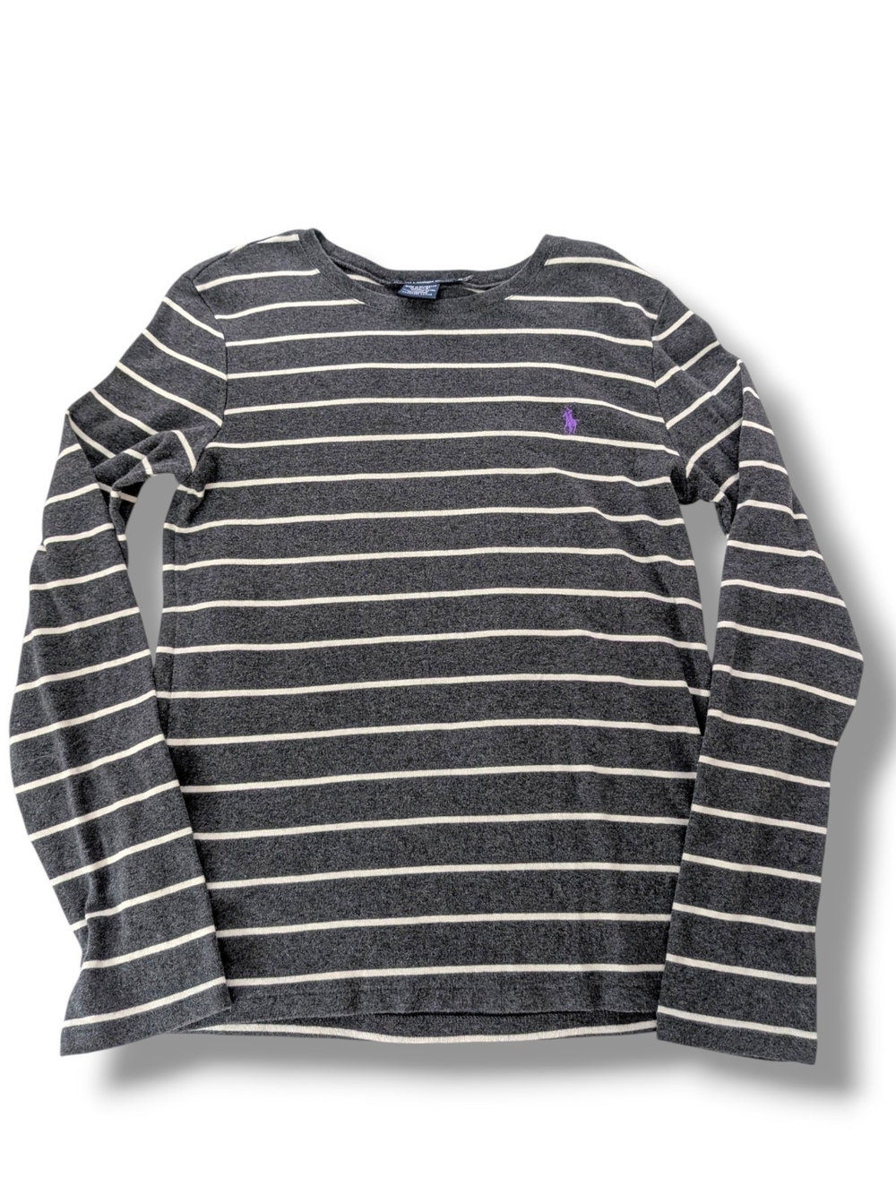 Ralph Lauren Dark Gray & Cream Striped Long-Sleeve Crewneck with Purple Pony